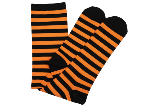 Pair of orange and black striped kneehigh socks isolated on transparent background