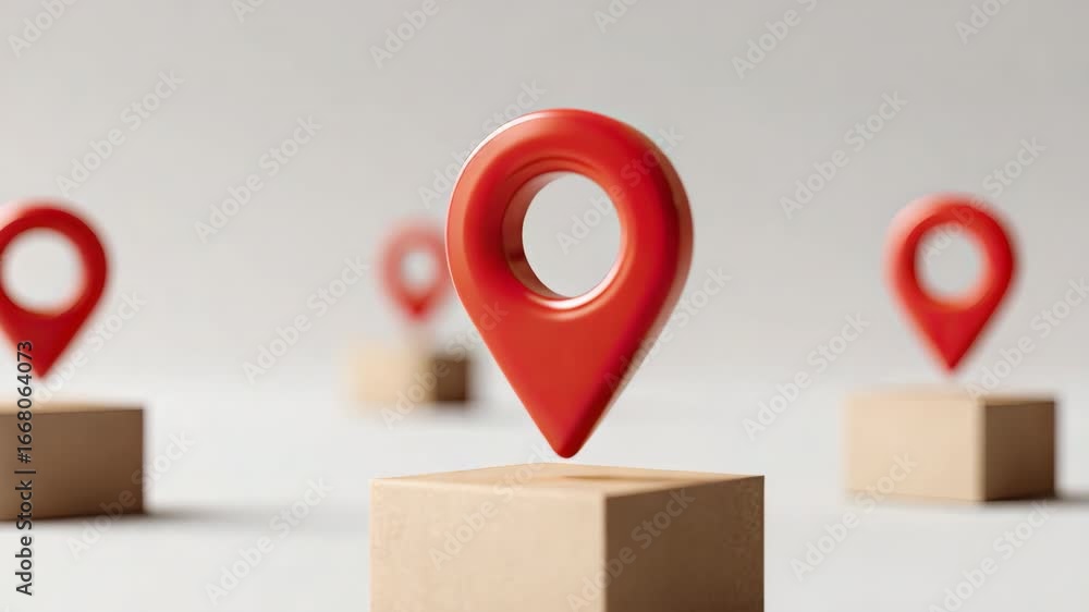 Aufkleber Red location marker wooden block and beige cube map navigation