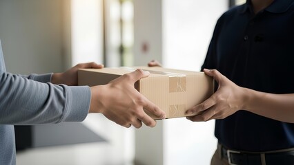Man receiving parcel from delivery driver shipping and logistics concept