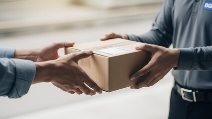 Delivery person handing cardboard box to client for online order