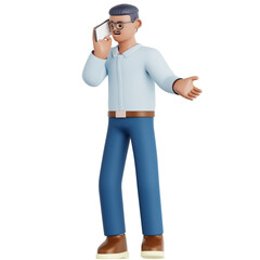 3D Rendered Man in Casual Attire Holding Smartphone and Talking