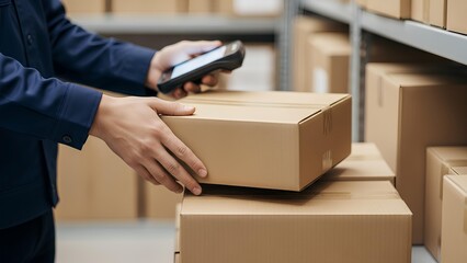 Logistics professional scanning barcode on box in modern warehouse