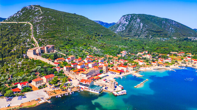 Mali Ston, Croatia - Aerial view of old town, Adriatic Sea coastline