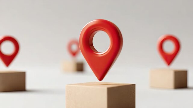 Red location marker wooden block and beige cube map navigation