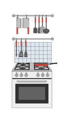 Modern kitchen stove with cookware, ready for cooking delicious meals in a home