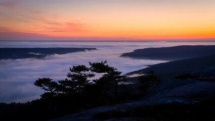 Fototapeta premium Beautiful mountain sunrise with fog and trees