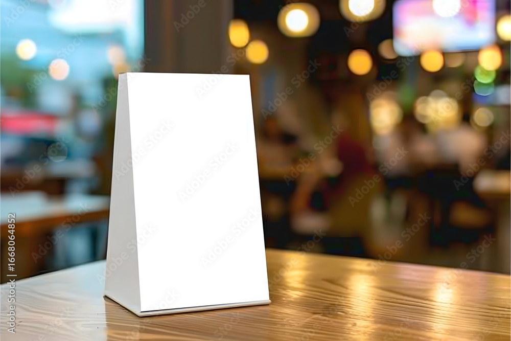 Poster mock up label the blank menu frame in bar restaurant, stand for booklets with white sheets paper acr