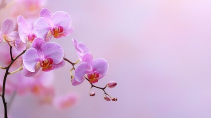 Fototapeta na wymiar Stunning photo of delicate pink soft background featuring orchid flowers Floral greeting card spring concept with Copy space.