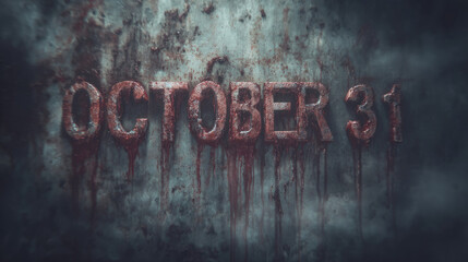 Dark Halloween-style visuals featuring October 31st in bloody, weathered letters set in an eerie, apocalyptic setting