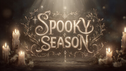 glowing ethereal light text Spooky Season sparkling cursive with floating candles
