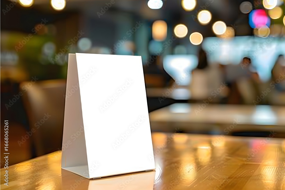 Poster mock up label the blank menu frame in bar restaurant, stand for booklets with white sheets paper acr