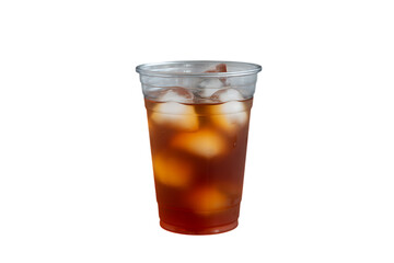 Refreshing iced coffee in clear plastic cup transparent background