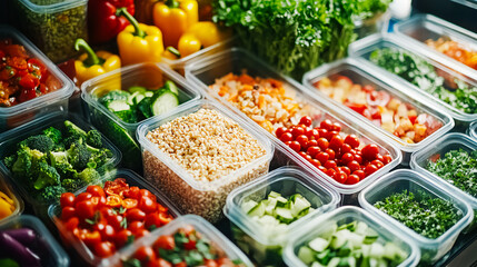 Obraz premium Healthy meal prep with fresh vegetables and grains in containers, ideal for diet planning and portion control