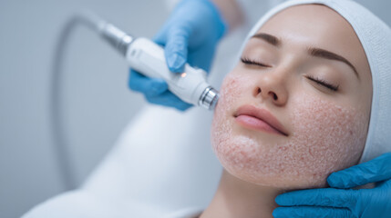 Naklejka premium Close-up of women undergoing dermatological facial treatments with devices targeting acne scars and promoting smooth, clear skin.