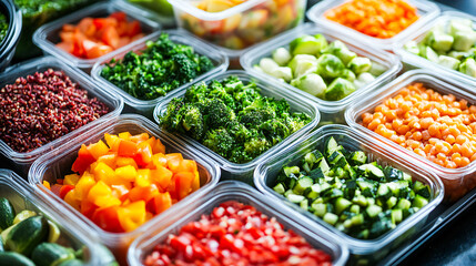 Obraz premium Healthy meal prep with fresh vegetables and grains in containers, ideal for diet planning and portion control