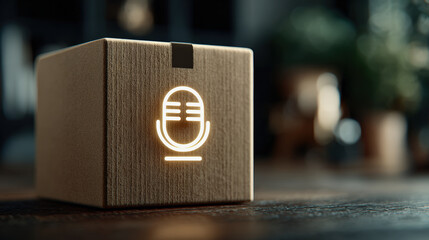 Wooden parcel with glowing microphone icon on counter, modern technology, voice assistant, cozy atmosphere, soft focus, warm light