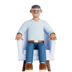 3D Rendering Cartoon Style Senior Man Sitting Comfortably in Armchair