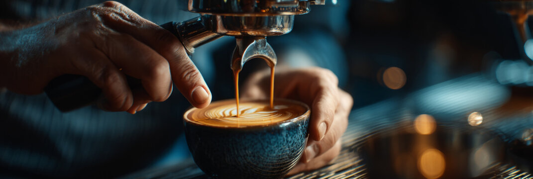 Professional barista hands prepping and pulling a perfect espresso shot.