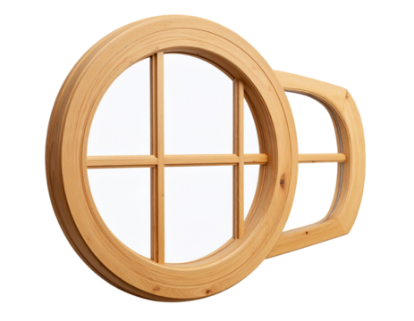 Angled Circular Wooden Window Frame with Shadows, Perspective View, isolated on transparent background PNG