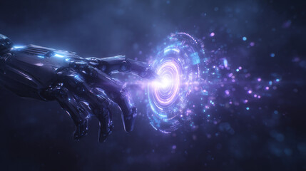 metallic robotic hand activating a glowing network hub with holographic production data streaming from fingers