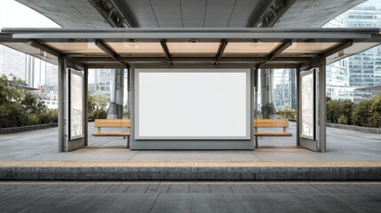 Stunning photo of blank digital billboard mockup in train station platform. Modern design. Empty space for advertisement. Suitable for marketing presentations retail ads.