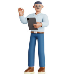 Cheerful 3D Character Holding Tablet Gesturing Okay Hand Sign Illustration