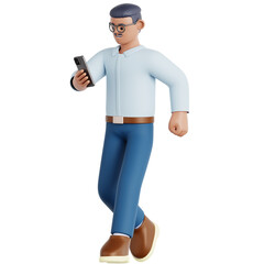 3D Rendered Cartoon Man Walking While Looking at Smartphone Device