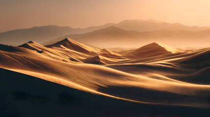 Golden sunrise casting soft shadows across sweeping desert dunes perfect for travel and landscape backgrounds
