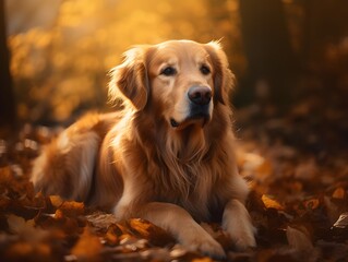 Golden retriever nestled among a blanket of vibrant autumn leaves creating a warm seasonal portrait filled with cozy fall atmosphere golden retriever on the grass