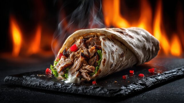 Stunning photo of wrap dark slate board fire burning background is Chicken shawarma durum doner.