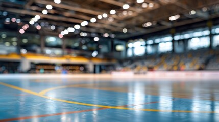 Stunning photo of blurred background of a futsal arena with an empty court and seating area. The image captures the indoor sports facility, highlighting the court markings and.