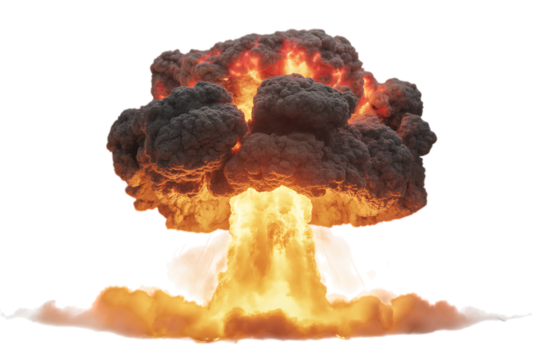 Colossal nuclear explosion mushroom cloud fiery ascent transparent background