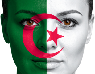 Algerian Woman with Flag Face Paint Looking Forward, Neutral Expression, isolated on transparent background PNG