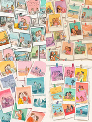 Charming illustration of colorful Polaroid-style photos depicting romantic couples, travel memories, and lifestyle moments in warm vintage tones.