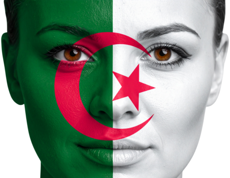 Algerian Woman with Flag Face Paint Looking Forward, Neutral Expression, isolated on transparent background PNG - Powered by Adobe