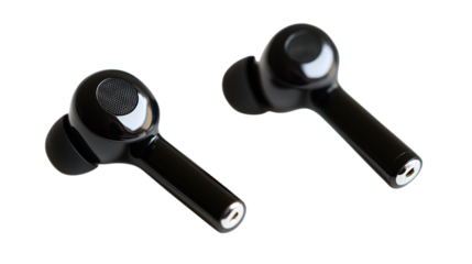 Pair of black wireless earbuds isolated on transparent background 