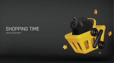 Finance and shopping concept illustration with piggy bank, coins, basket, and percentage sign for savings and discounts