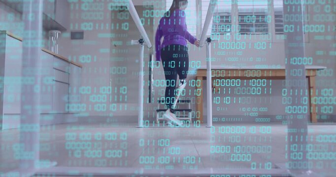 Female patient shifting weight, taking prosthetic step between bars with binary overlay in rehab