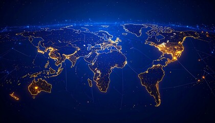 Illuminated world map with interconnected nodes, showcasing global connectivity