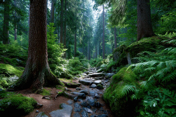 Obraz premium Serene forest scene with a rocky stream flowing through lush greenery in early morning light