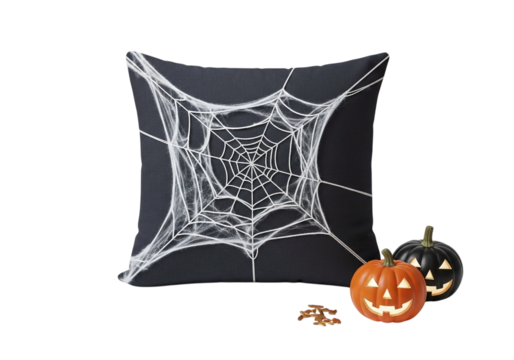Halloween pillow with spider web and pumpkins isolated on transparent background