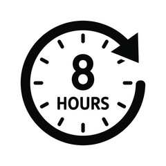 Vector icon of an 8-hour clock for business, time, and work duration.

