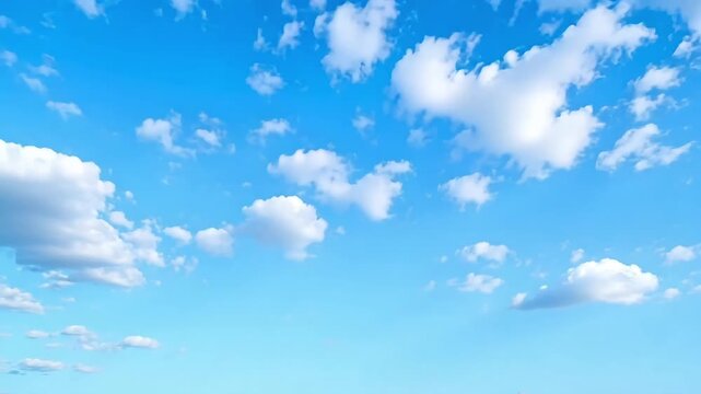 Bright blue sky with scattered fluffy white clouds, perfect for weather, nature, background and peaceful themes