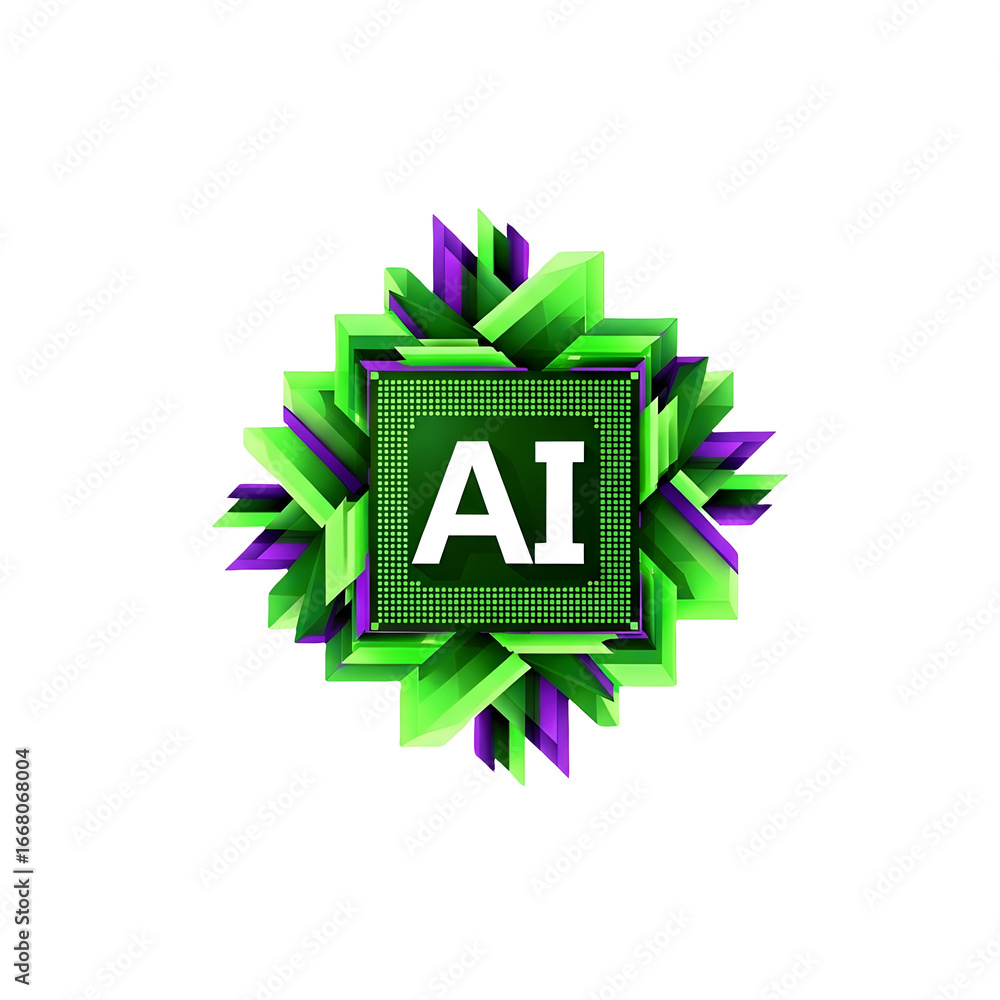 Poster artificial intelligence logo with a green chip and crystal frame isolated on transparent background,