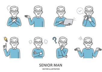 シニア男性の表情や仕草のイラストセット