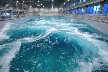 Large indoor wave pool showcases dynamic water movement and engineering marvel for surfing