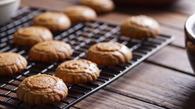Fresh cookies cooling on rack, white cream ramekin nearby.
