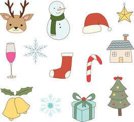 Fototapeta premium Cute christmas doodle illustration vector collection set. Sticker of xmas clipart cartoon like snowman, deer, bell, present for decoration, scrap book, design, book
