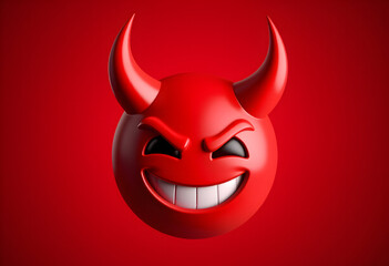 Smiling Red Devil Emoji with Horns on a Red Background