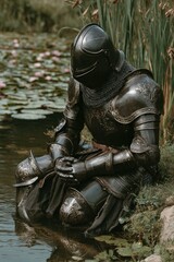 Fototapeta premium Dark-armored knight sits by a lily pond